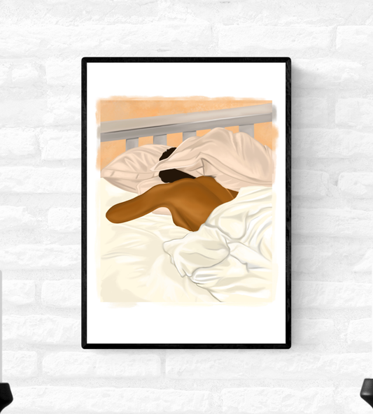 Framed wall art print of a black woman sleeping in bed with her head partially hidden by her pillow