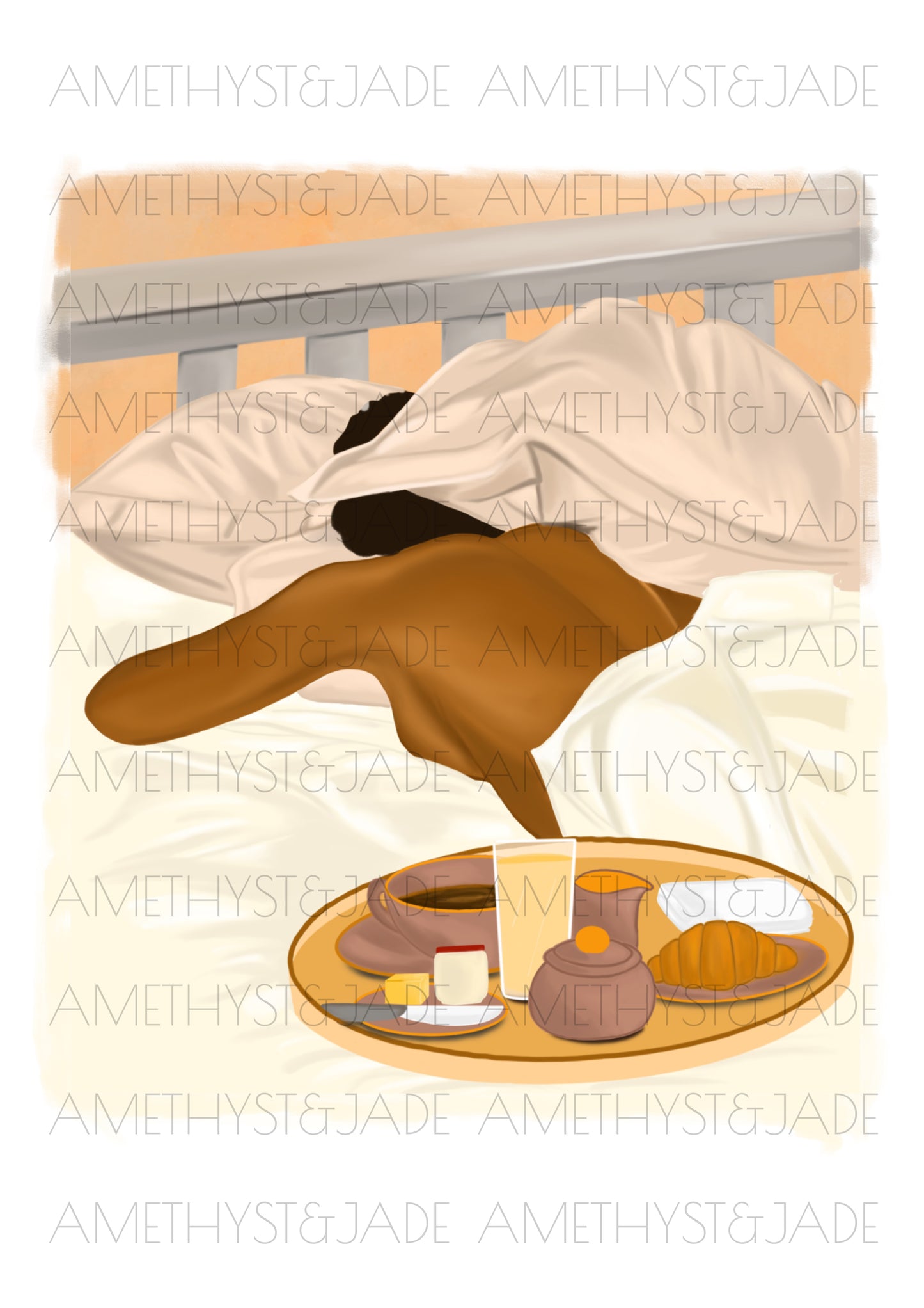 wall art print of a black woman sleeping in bed with her head partially hidden by her pillow and a breakfast tray of food