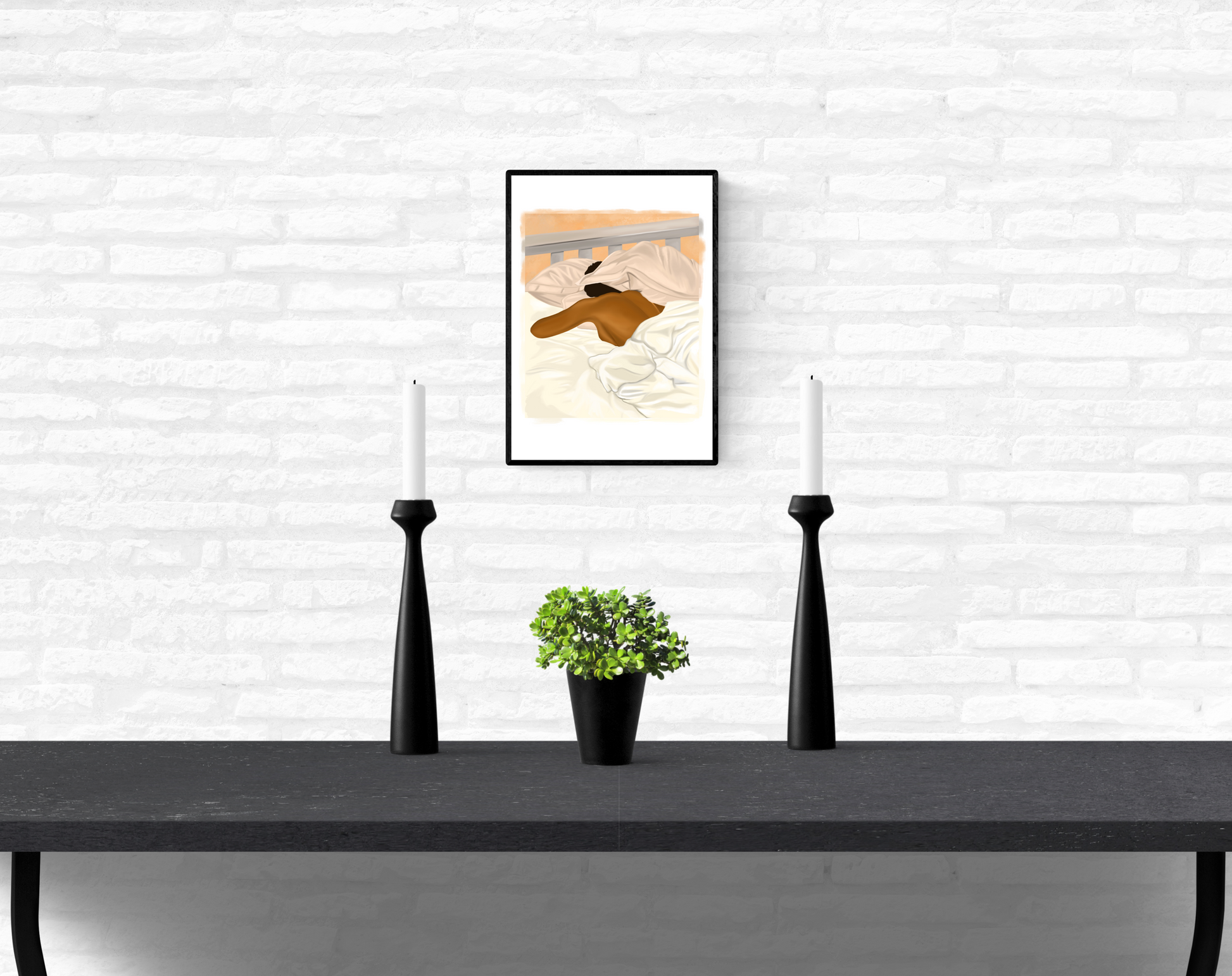 Mounted and framed wall illustration of a black woman sleeping in bed with her head partially hidden by her pillow on an interior white brick wall