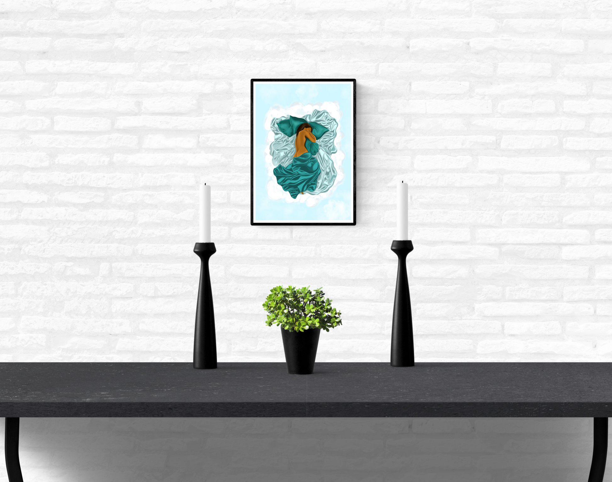 Framed artwork hanging on a white brick wall in a home