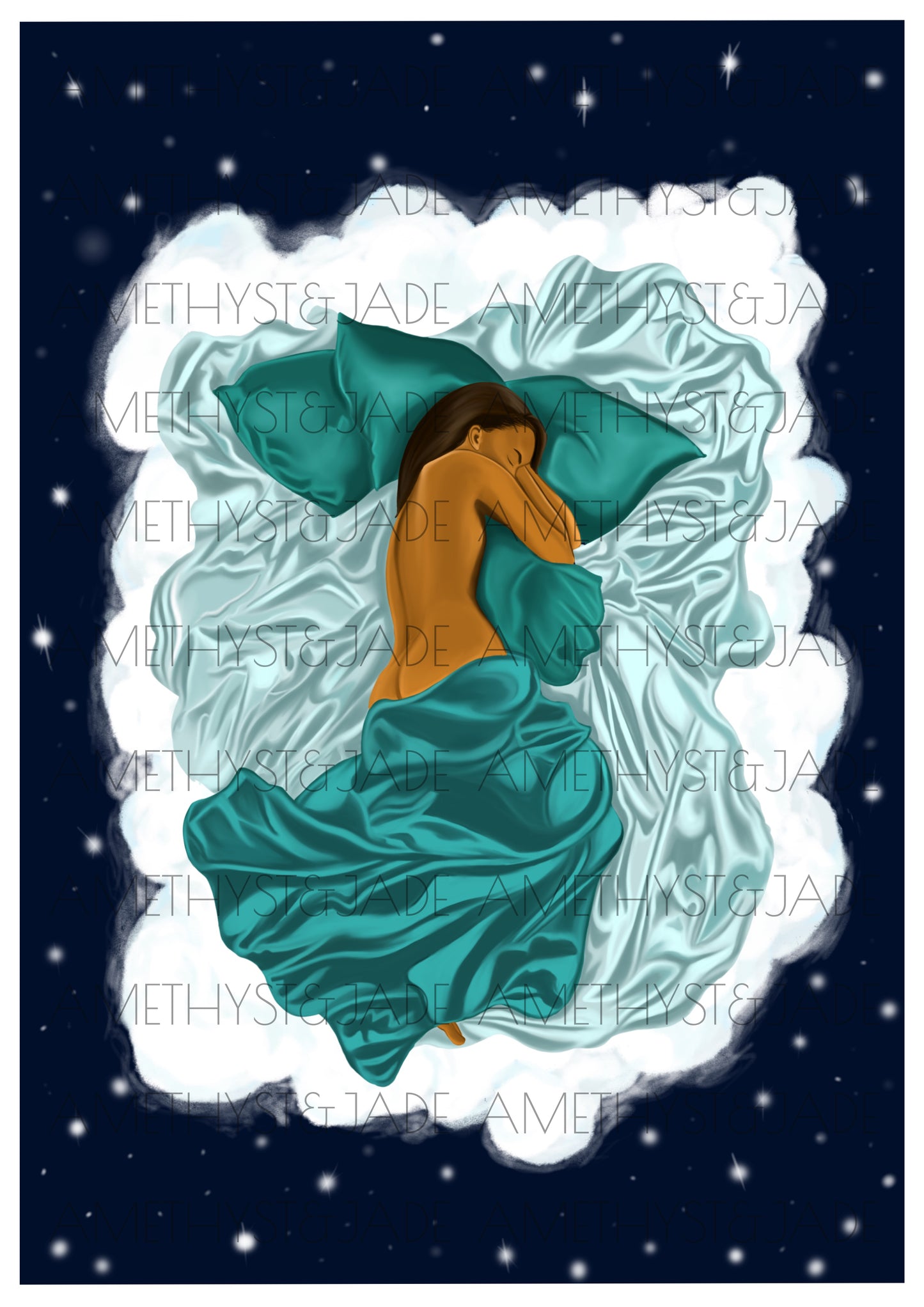 artwork of a black woman sleeping in her cloud bed and she is half covered by green satin sheets