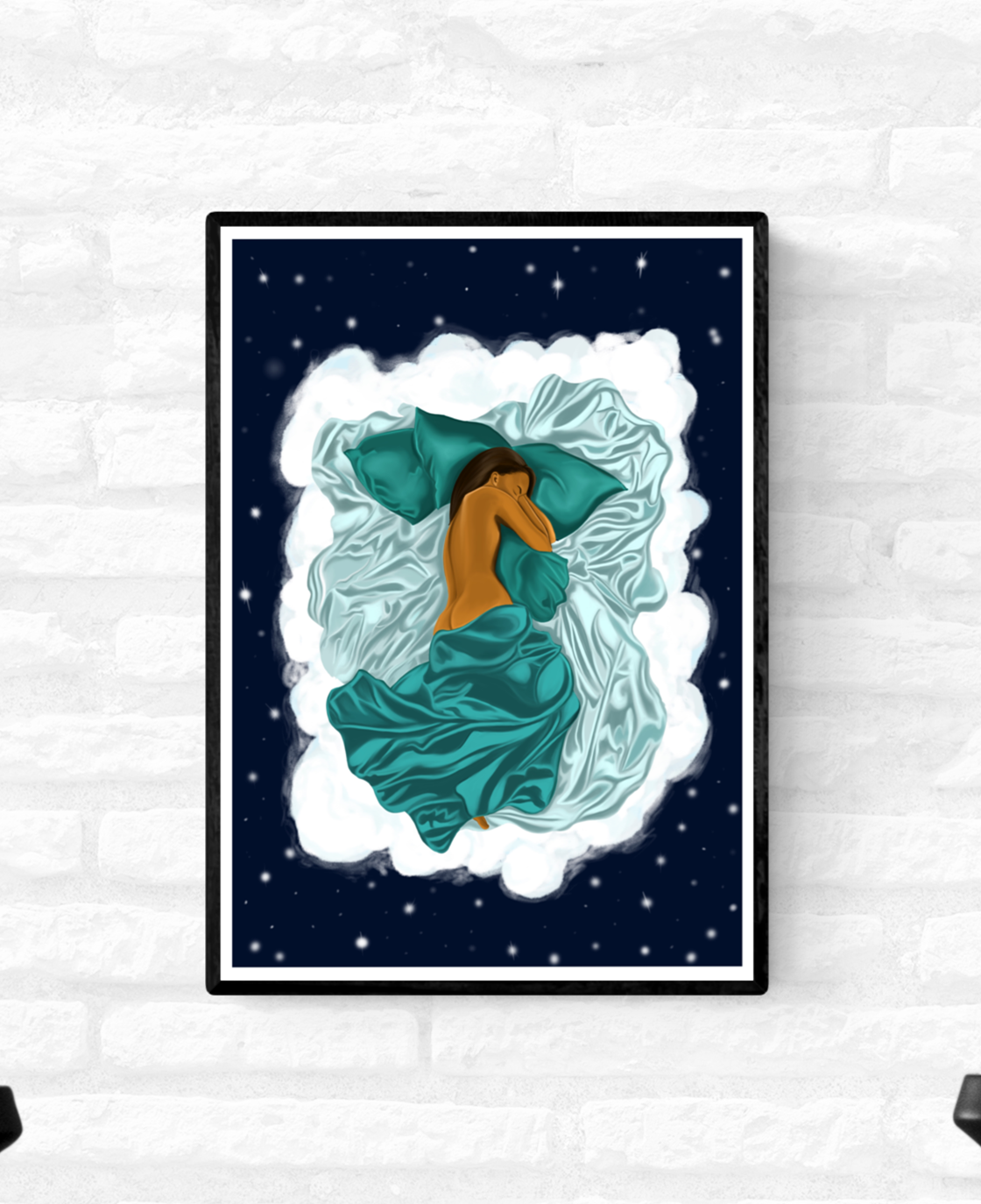Framed artwork of a black woman sleeping in her cloud bed and she is half covered by green satin sheets