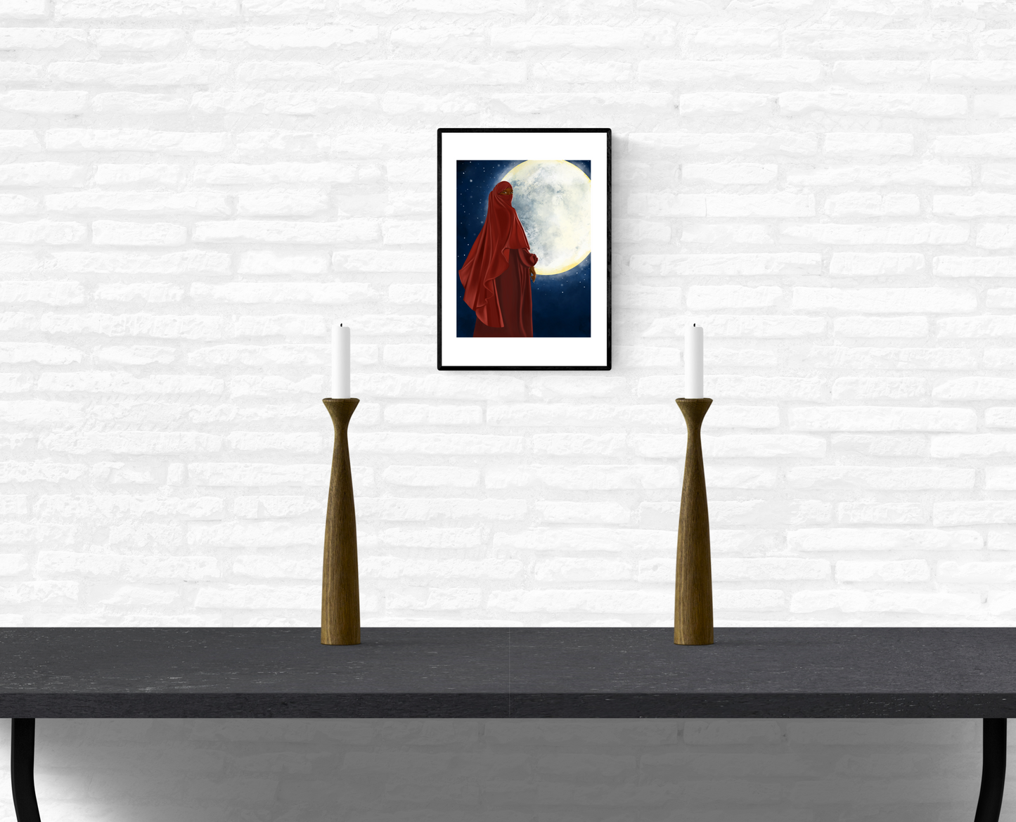Art illustration of a black, Muslim woman in a red niqab standing in front of the moon mounted on an interior white brick wall