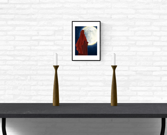 Art illustration of a black, Muslim woman in a red niqab standing in front of the moon mounted on an interior white brick wall