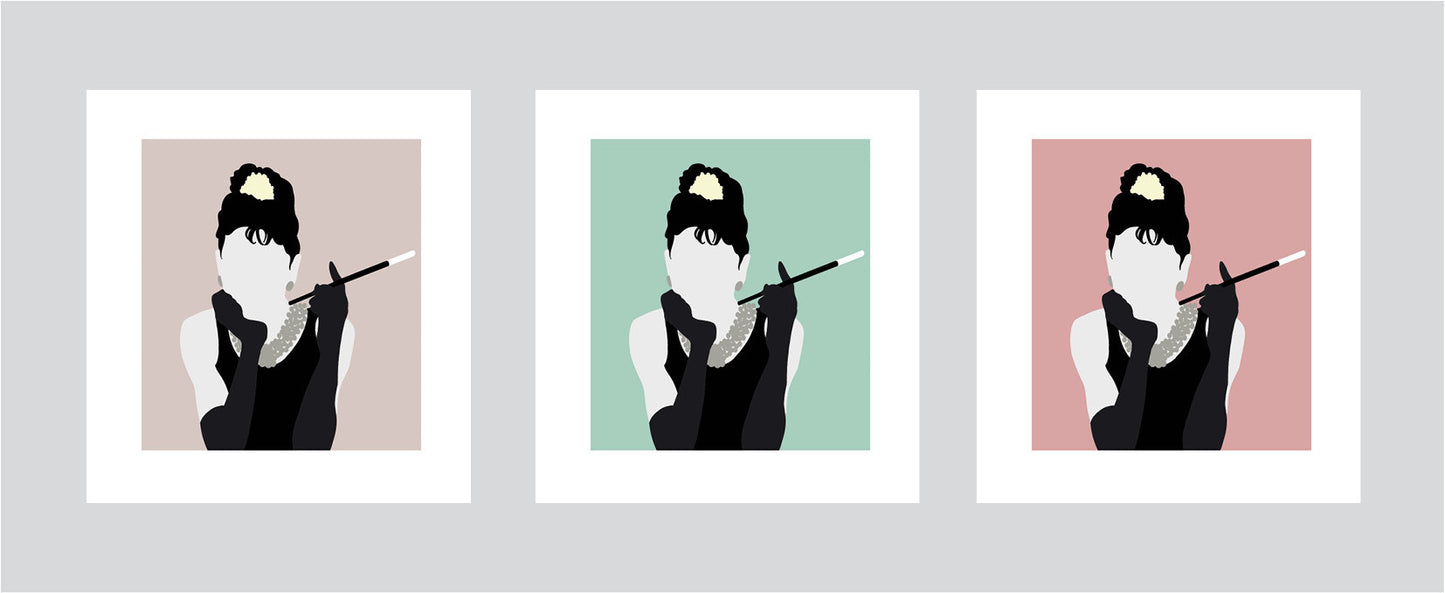 Minimalist art illustration of Holly Golightly from Breakfast At Tiffany’s holding a cigarette with different colour options