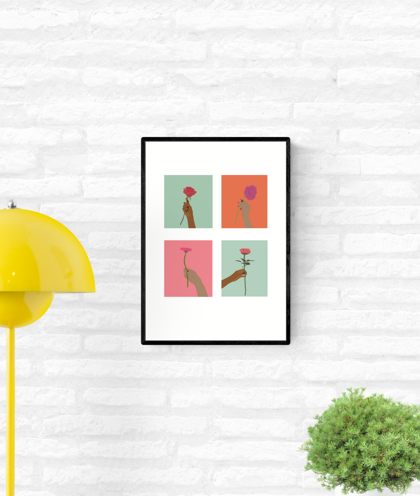 Framed illustration of four hands holding flowers