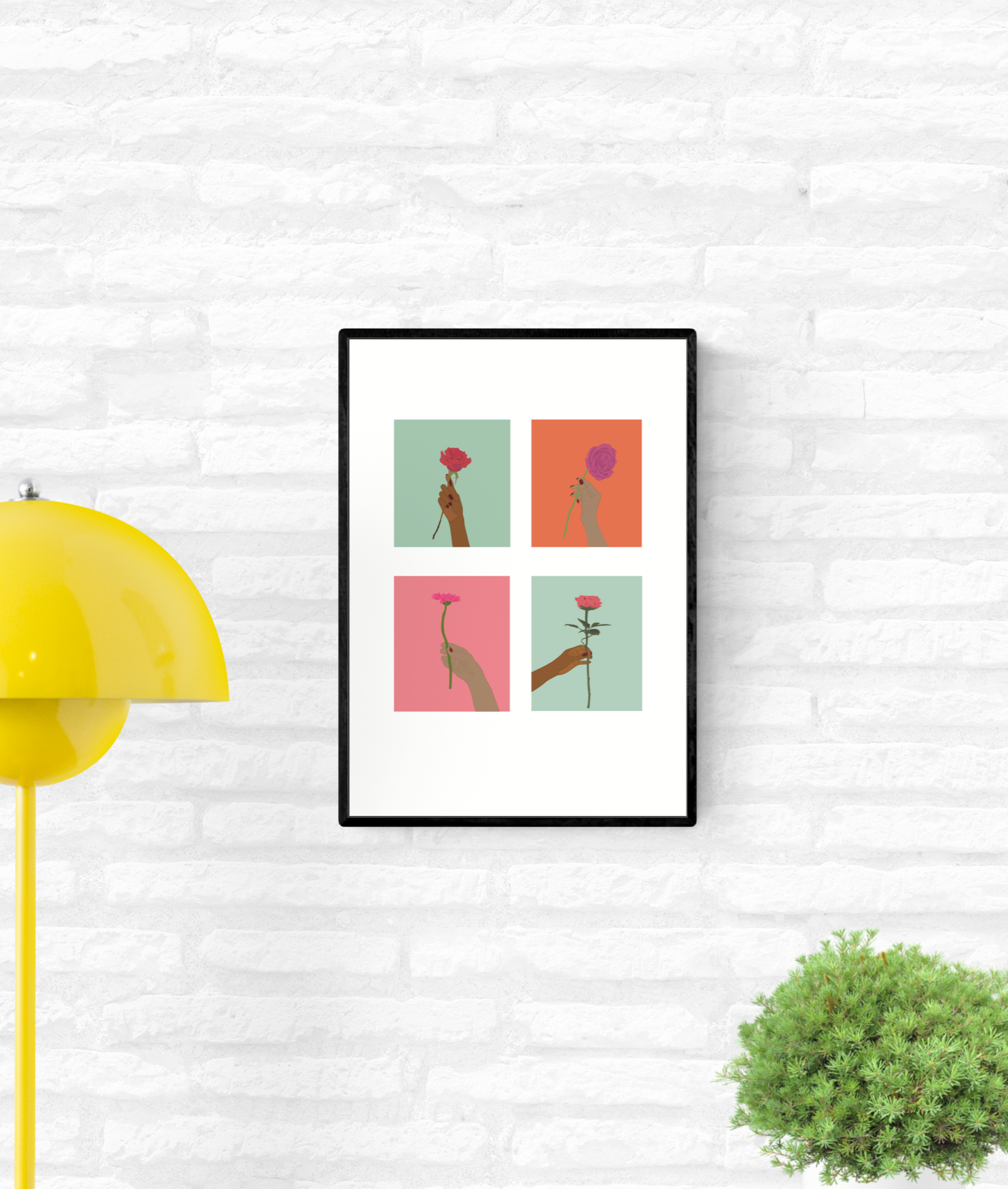 Framed illustration of four hands holding flowers