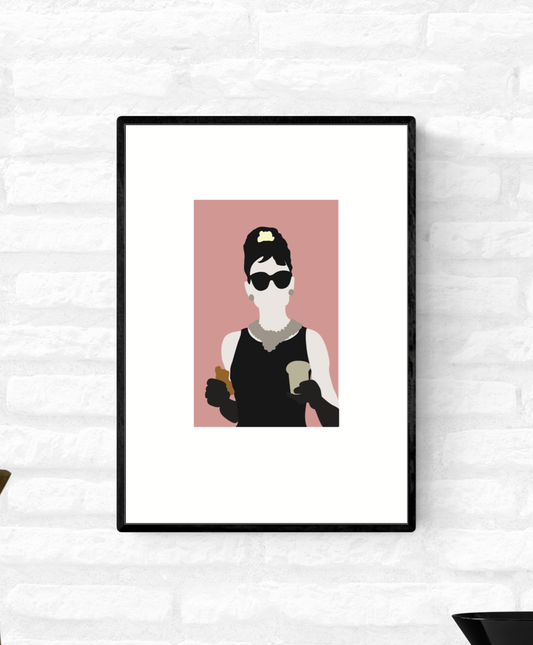 Framed wall art illustration print of Holly Golightly from the movie Breakfast At Tiffany’s eating breakfast in front of Tiffany’s store