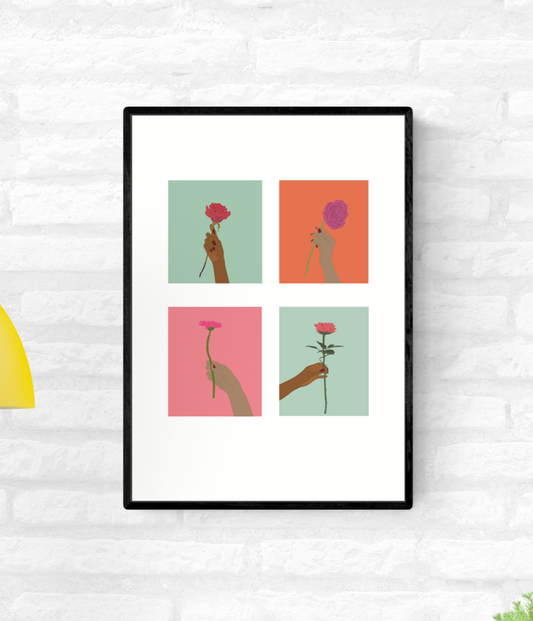 Framed illustration of four hands holding flowers