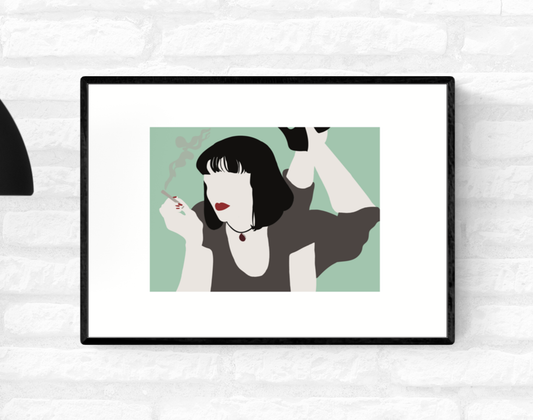 Framed wall art illustration of Mia Wallace from Quentin Tarantino’s Pulp Fiction