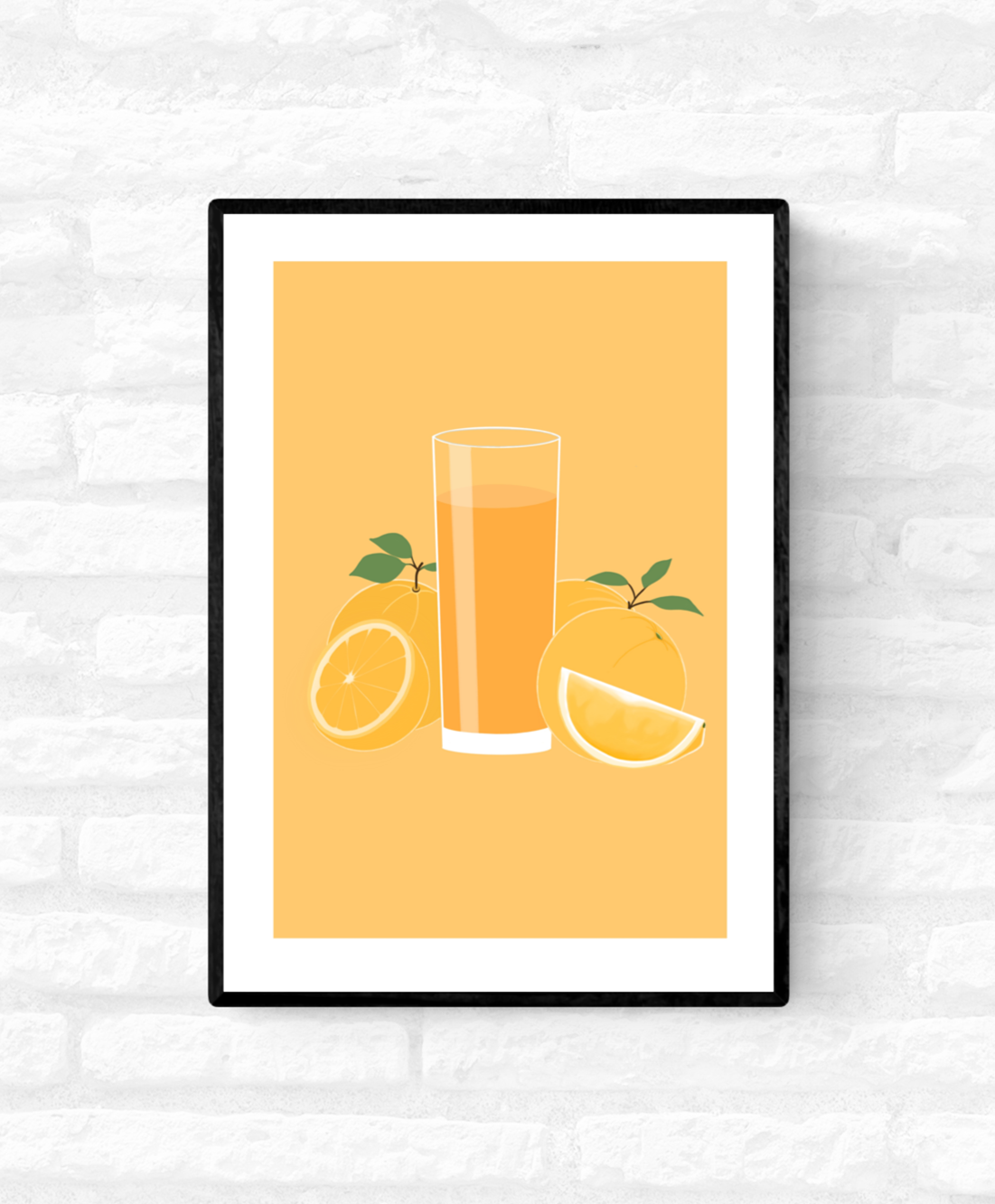 Wall art illustration print of a tall cold glass of orange juice with orange fruits surrounding the glass