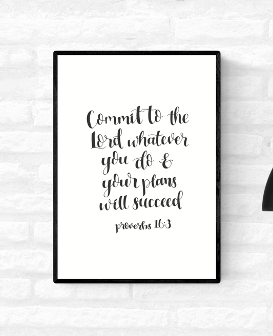 Framed wall quote scripture Proverbs 16:3 verse from the Holy Bible