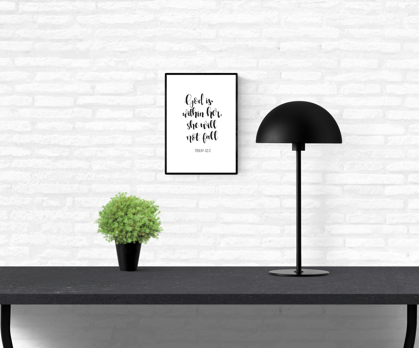 Quote wall print of Holy Bible scripture verse Psalm 45:5 mounted on an interior white brick wall