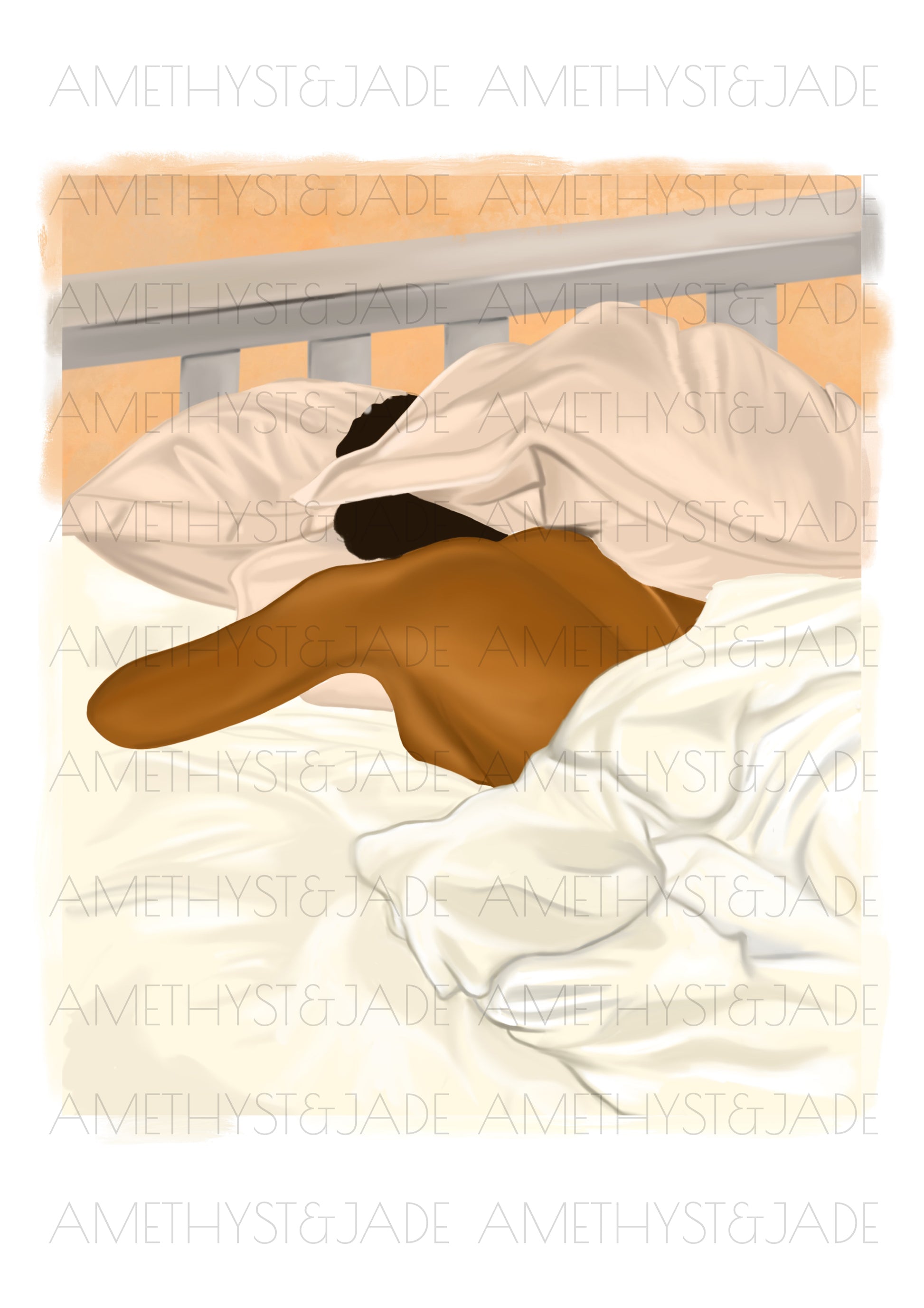 wall art print of a black woman sleeping in bed with her head partially hidden by her pillow 