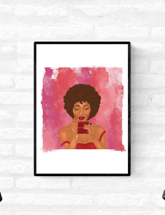 Wall Art Print Black Woman With Afro Looking In The Mirror And Applying Red Lipstick