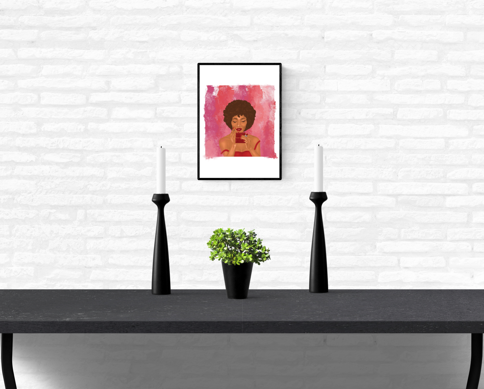 Wall illustration hanging on a white brick wall above a table