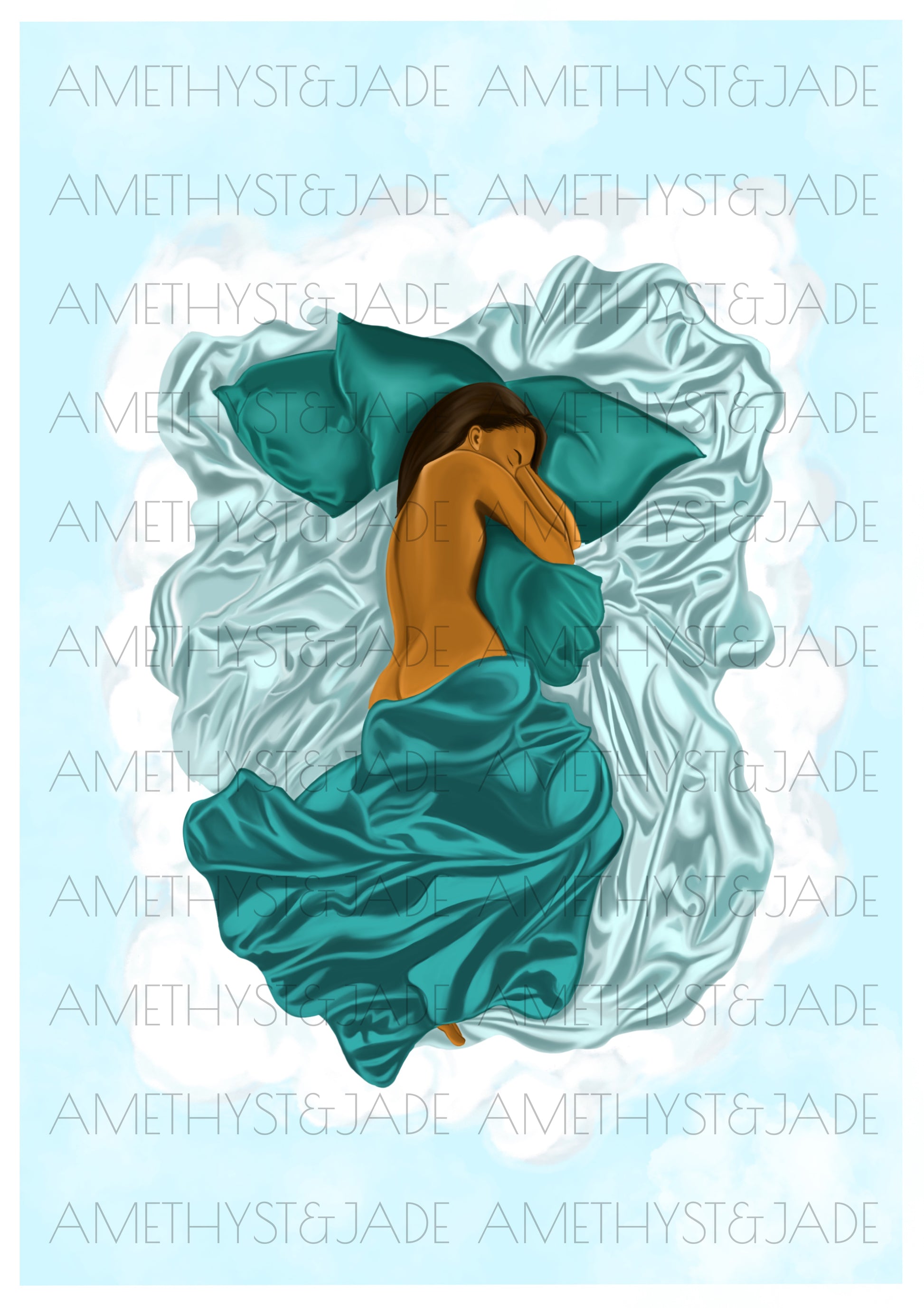 artwork of a black woman sleeping in her cloud bed and she is half covered by green satin sheets