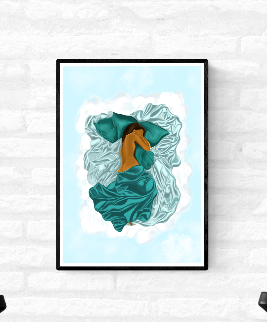 Framed artwork of a black woman sleeping in her cloud bed and she is half covered by green satin sheets