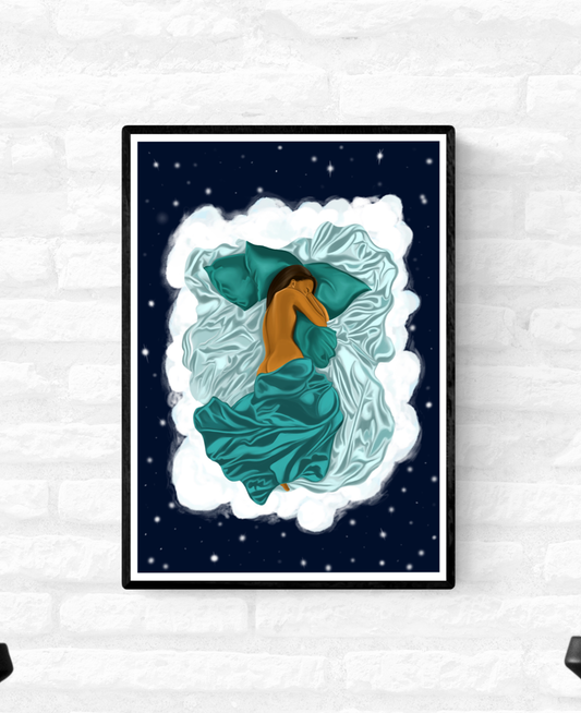 Framed artwork of a black woman sleeping in her cloud bed and she is half covered by green satin sheets