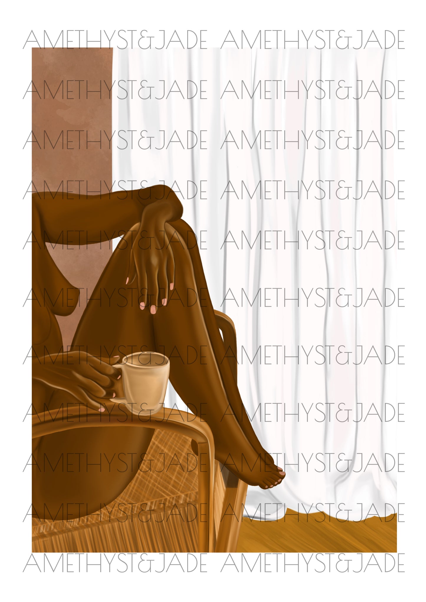 wall art print of a nude black woman sitting in a chair with her feet up and a cup of tea