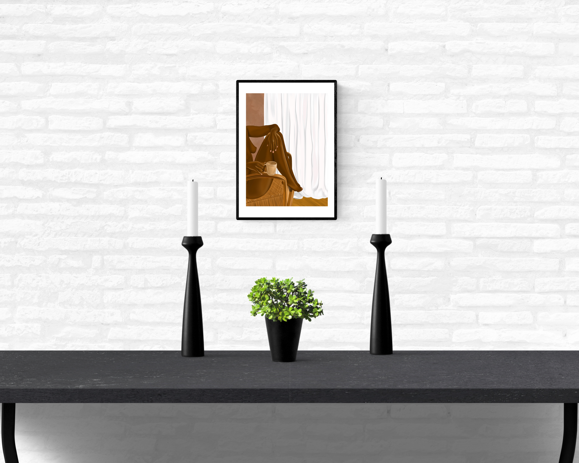 Mounted wall illustration of an African American woman sitting peacefully