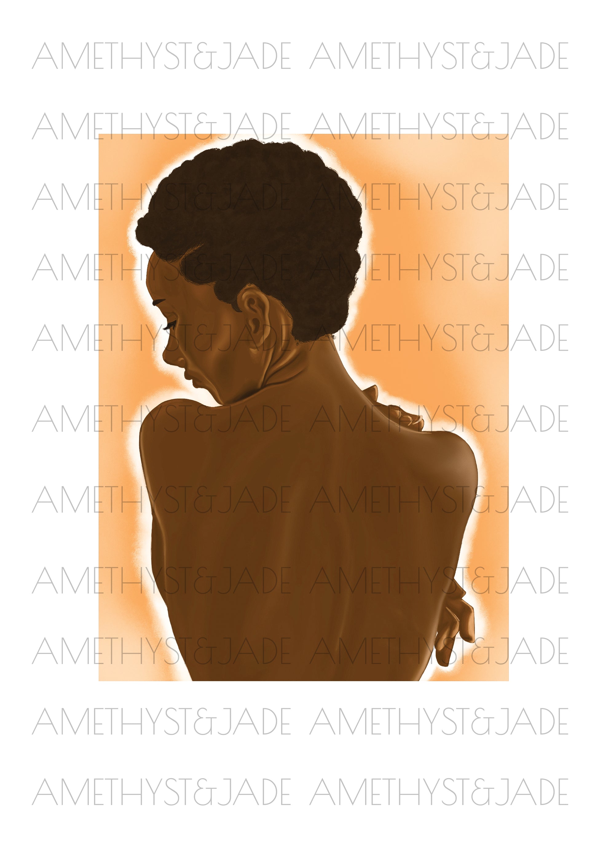 art illustration of the nude back of a black woman with short natural hair 