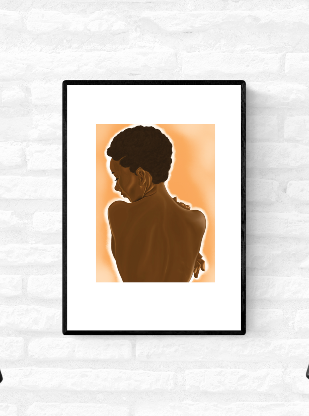 Framed art illustration of the nude back of a black woman with short natural hair 