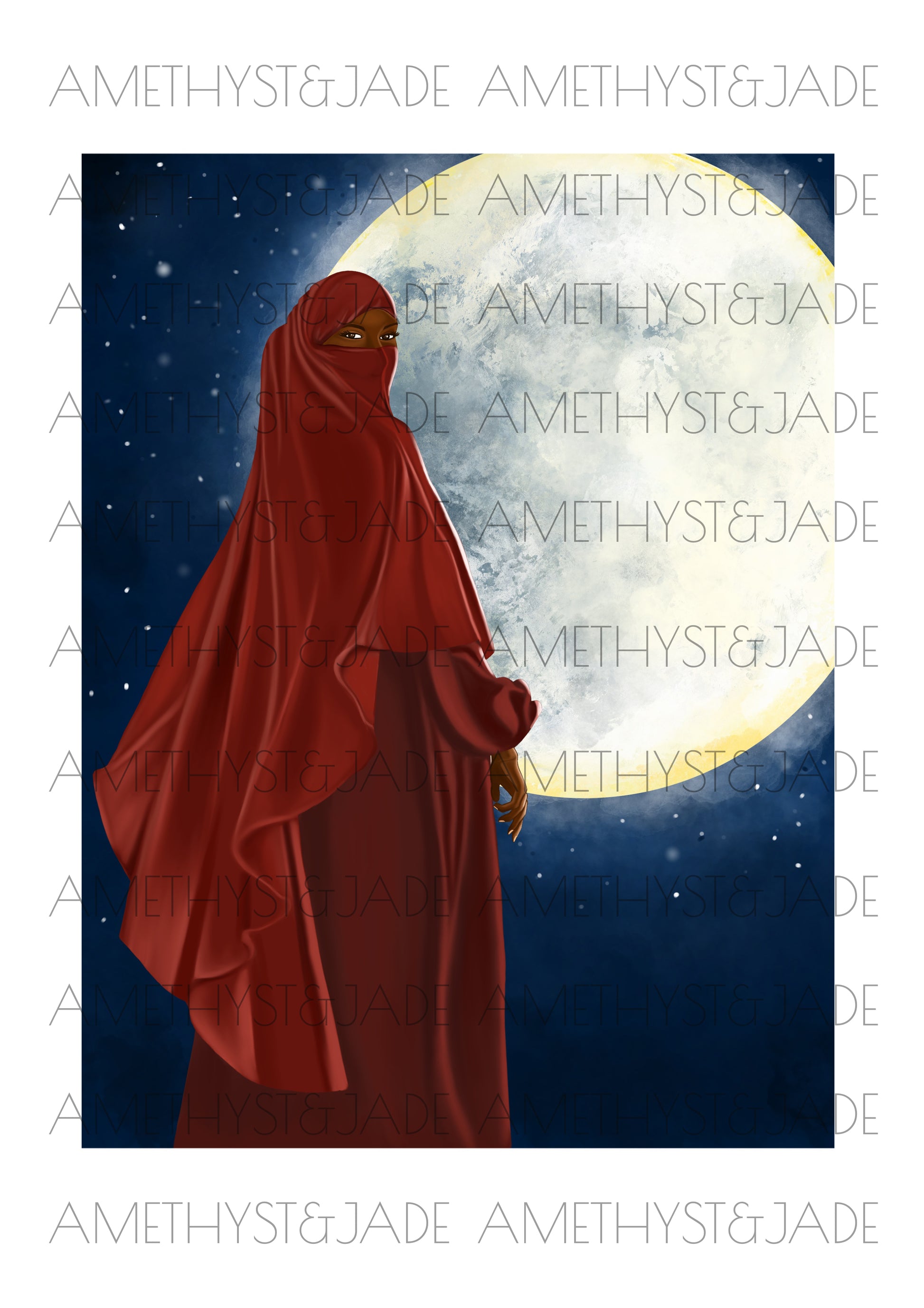 wall art print of a black, Muslim woman wearing a red niqab, standing in front of the moon