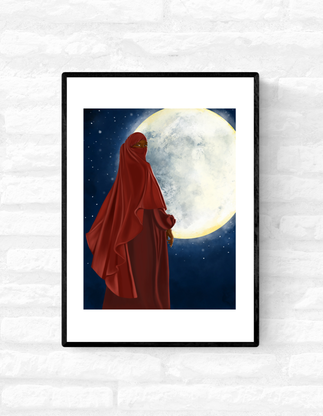 Framed wall art print of a black, Muslim woman wearing a red niqab, standing in front of the moon
