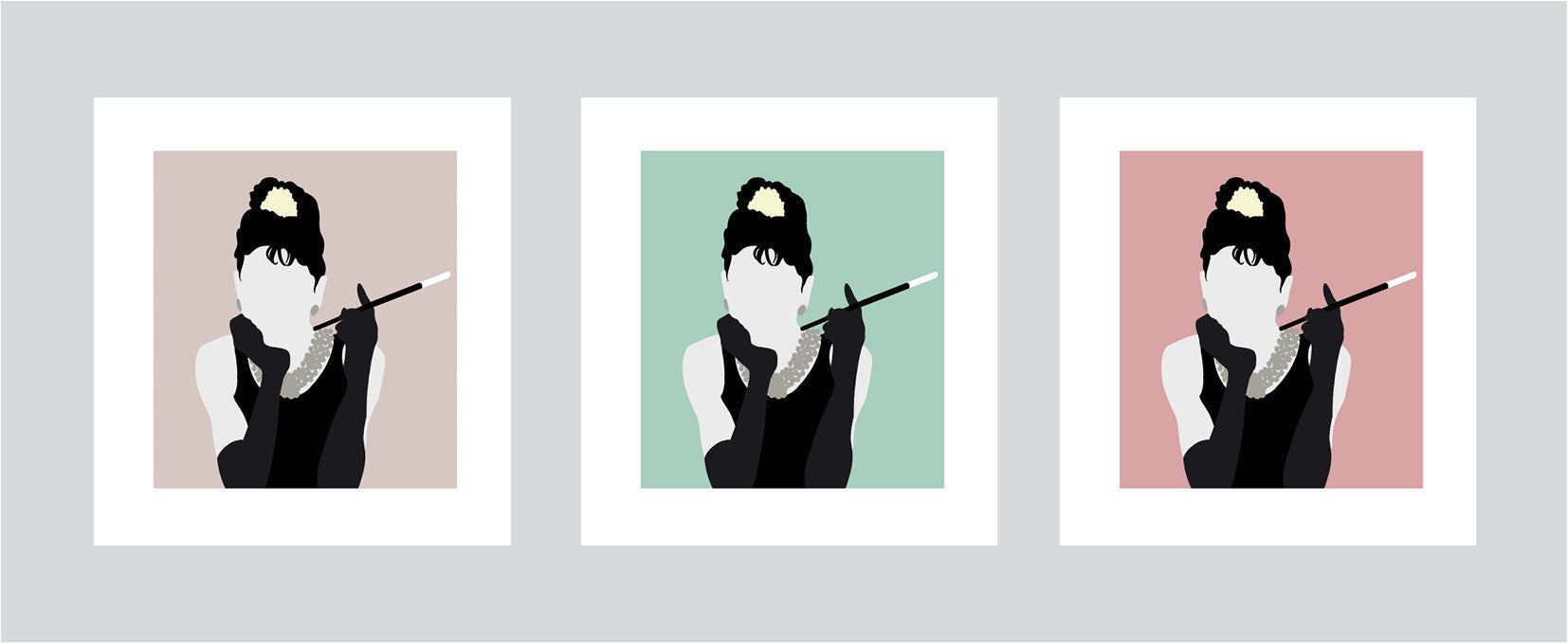 Minimalist art illustration of Holly Golightly from Breakfast At Tiffany’s holding a cigarette with different colour options
