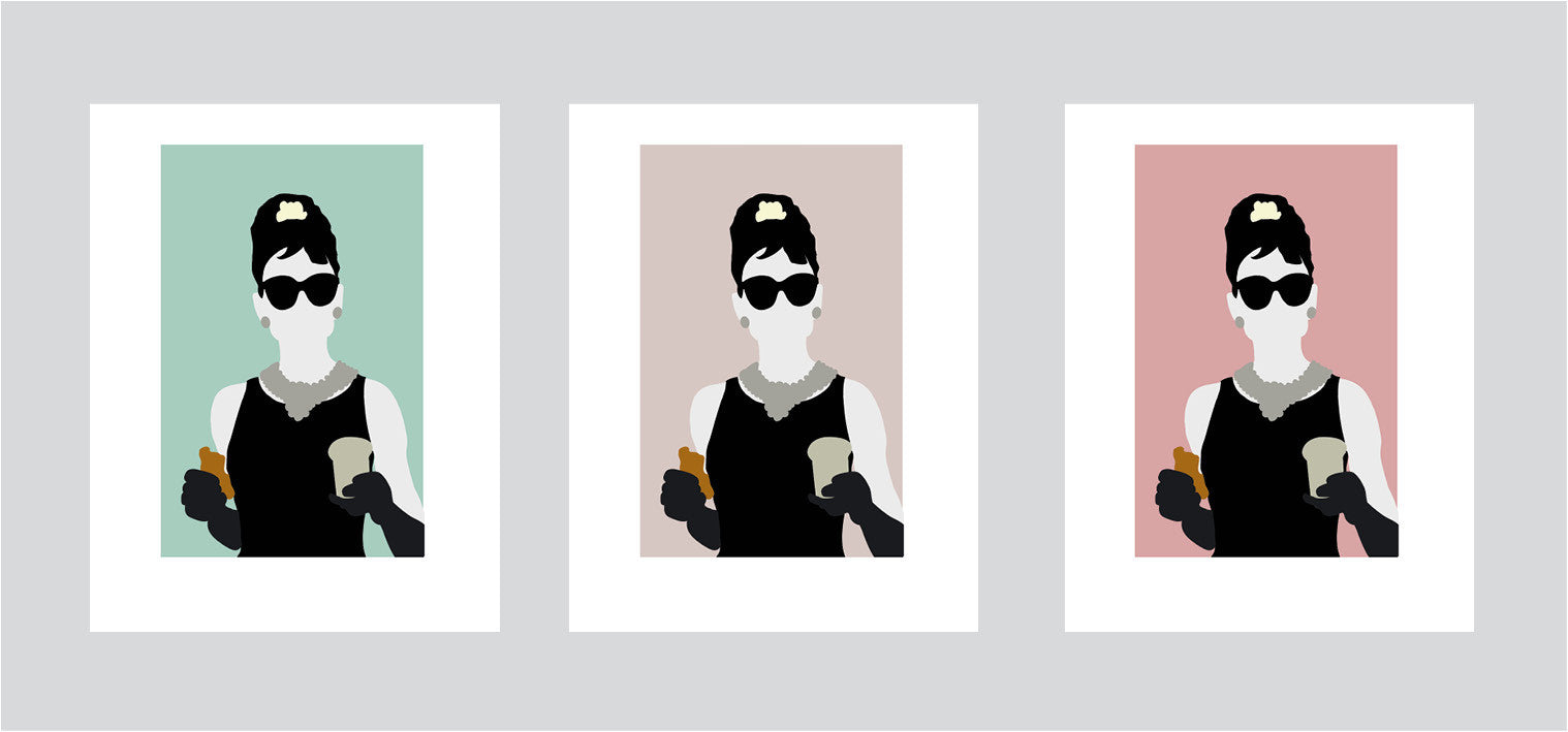 Wall art illustration print of Holly Golightly from the movie Breakfast At Tiffany’s eating breakfast in front of Tiffany’s store with different colour options