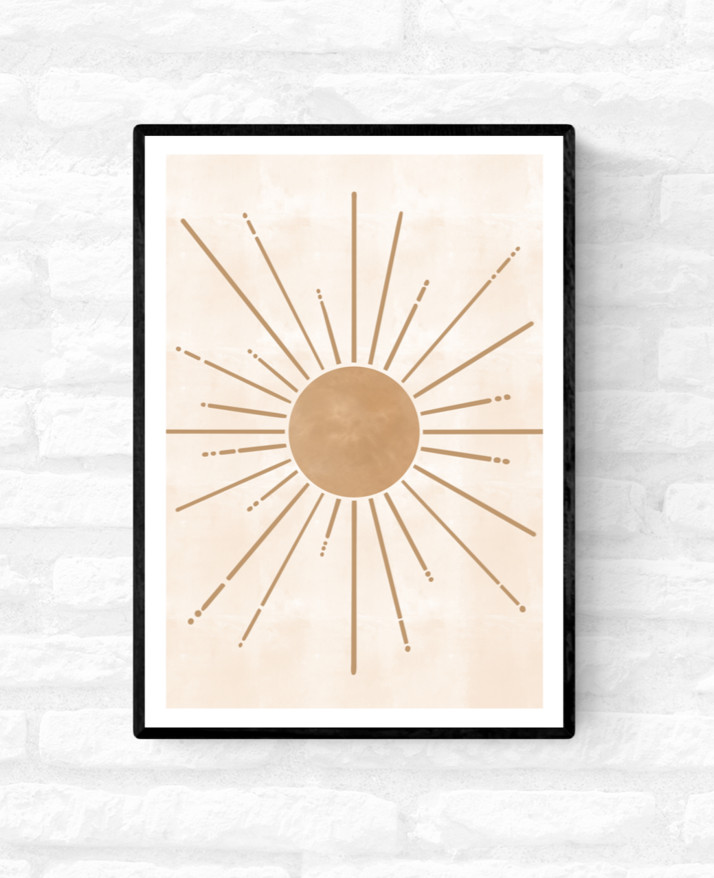Framed illustration of a bronze coloured Sun with bronze coloured sun rays