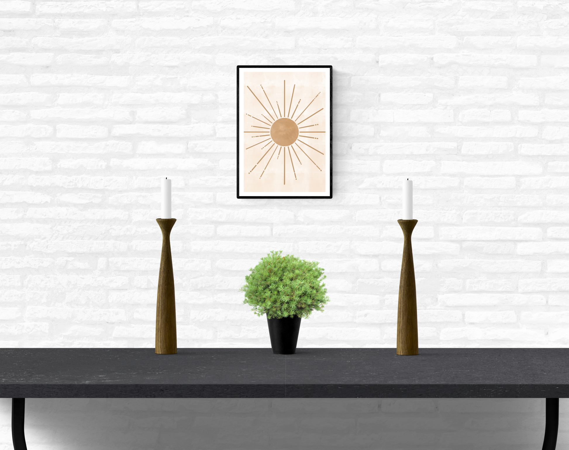 Wall art illustration of a bronze coloured Sun with bronze coloured sun rays, framed and mounted on an interior white brick wall above a table