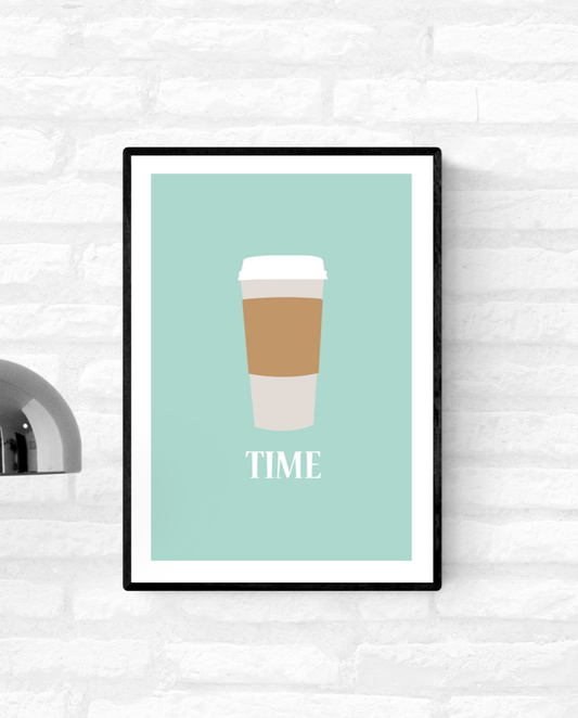 Framed kitchen art illustration of a takeaway coffee cup with the word “time” written under it