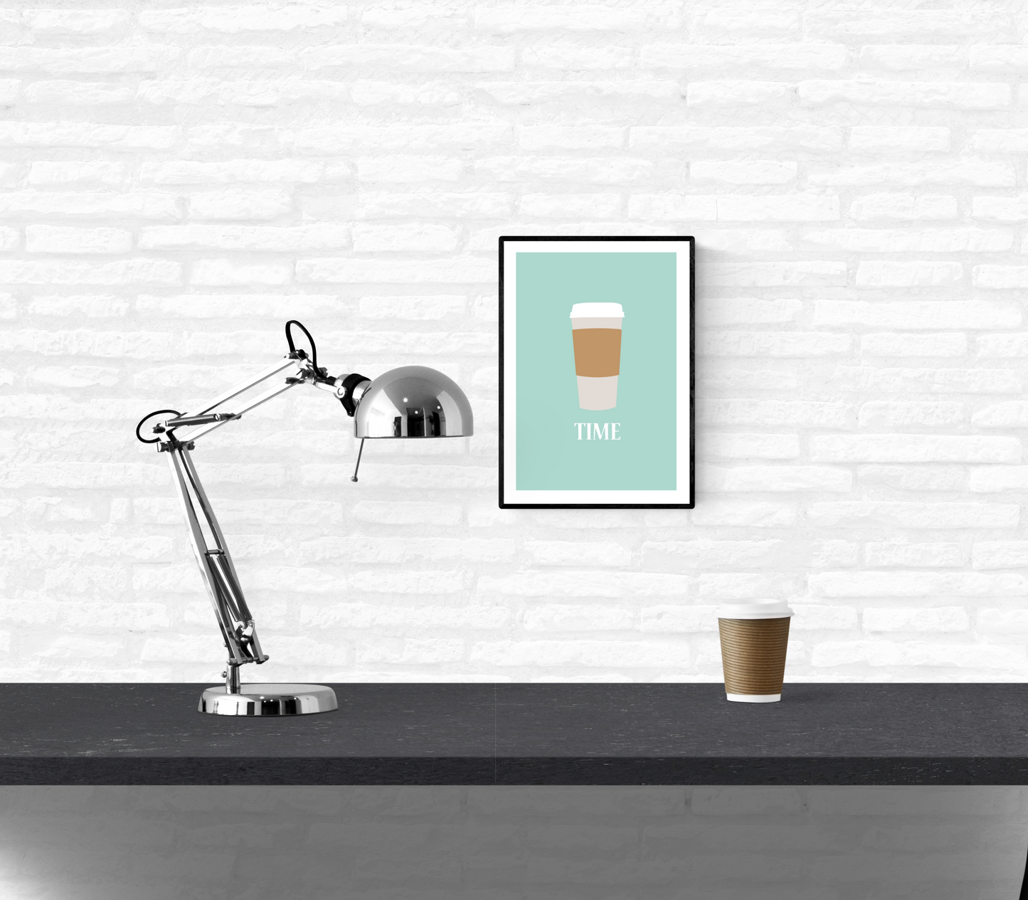 Interior home white brick wall with a kitchen art print of a takeaway coffee cup with the word “time” written underneath