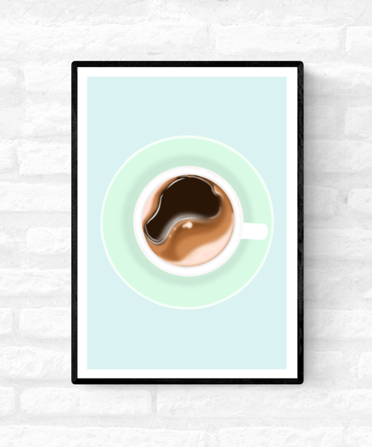 Kitchen illustration art print that is framed of a black, rich, smooth cup of coffee by Love Row Home 