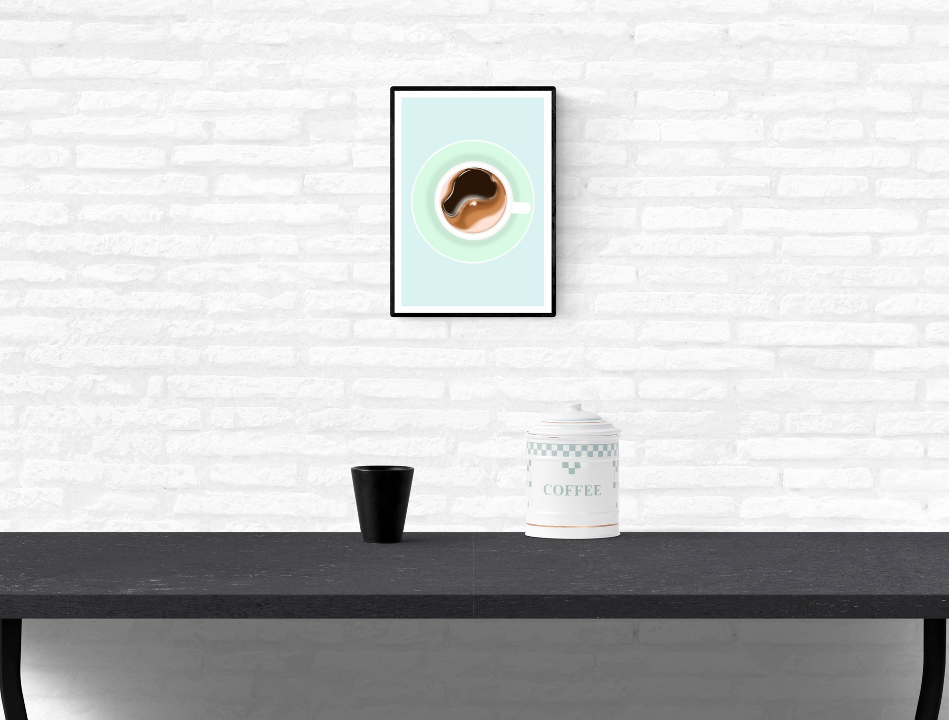 Framed and mounted kitchen wall art print of a black, rich, smooth cup of coffee by Love Row Home on an interior white brick wall above a table
