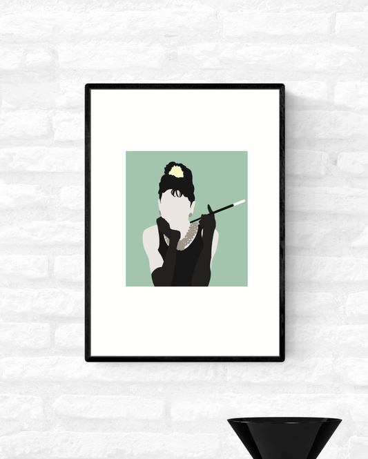 Framed minimalist illustration of Holly Golightly from Breakfast At Tiffany’s holding a cigarette