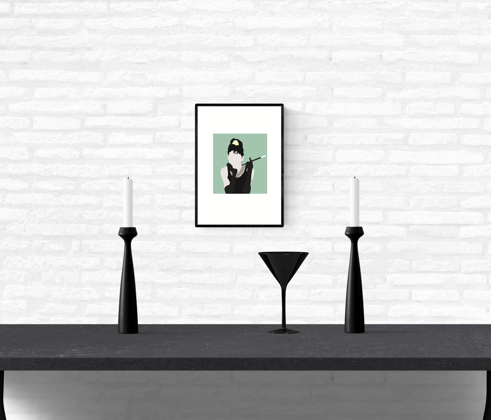 Wall art print hanging on a home’s interior white brick wall of Holly Golightly from Breakfast At Tiffany’s holding a cigarette