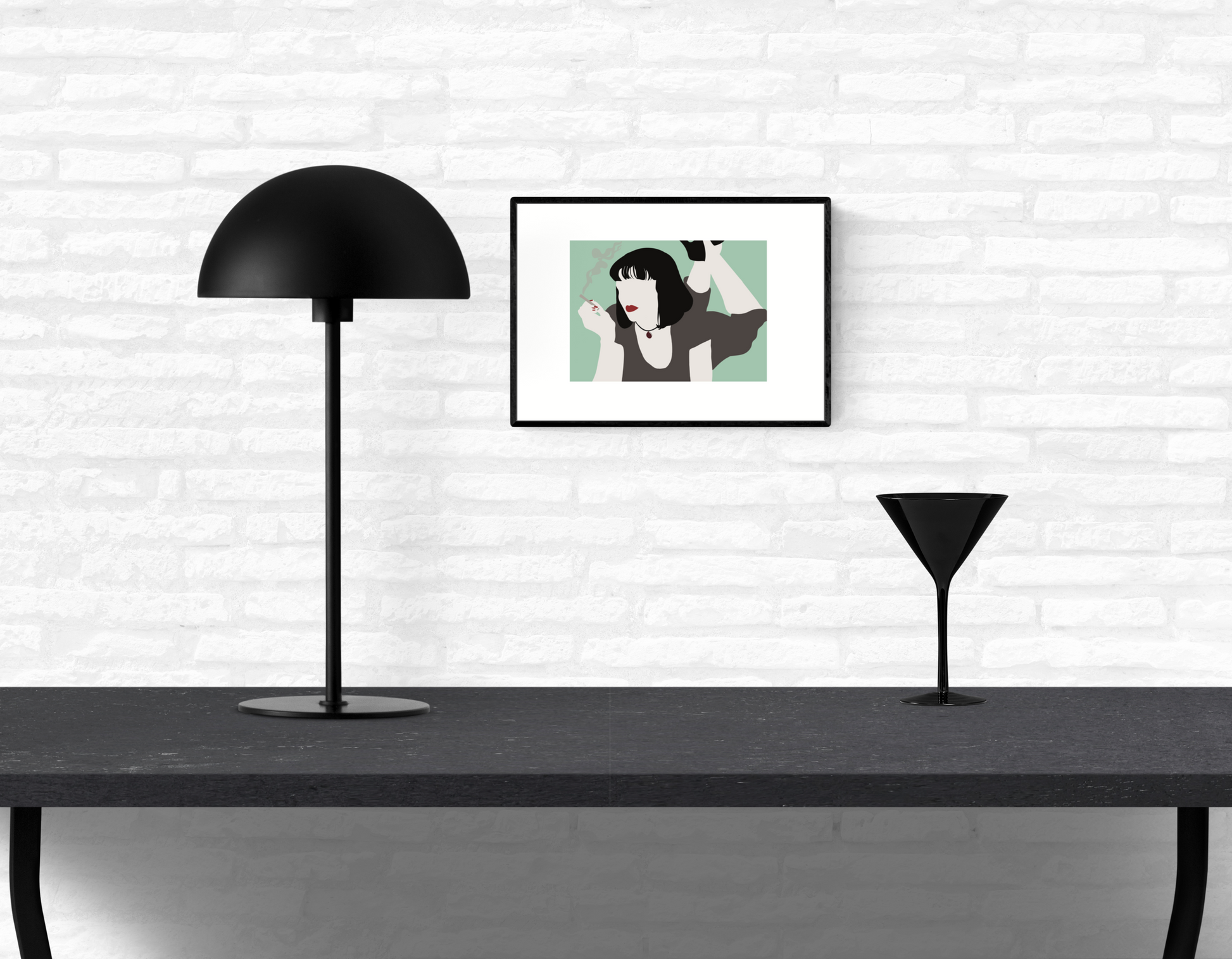 Wall art illustration print of Mia Wallace from Quentin Tarantino’s classic movie Pulp Fiction framed and mounted on a home’s interior white brick wall