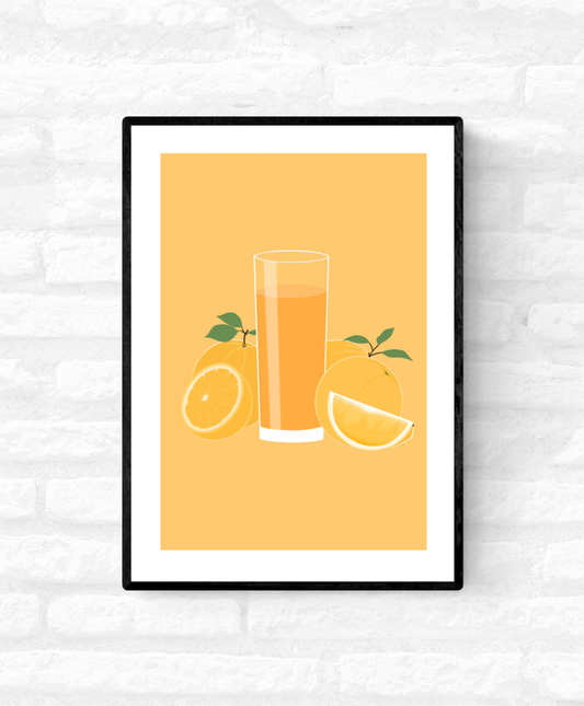 Wall art illustration print of a tall cold glass of orange juice with orange fruits surrounding the glass