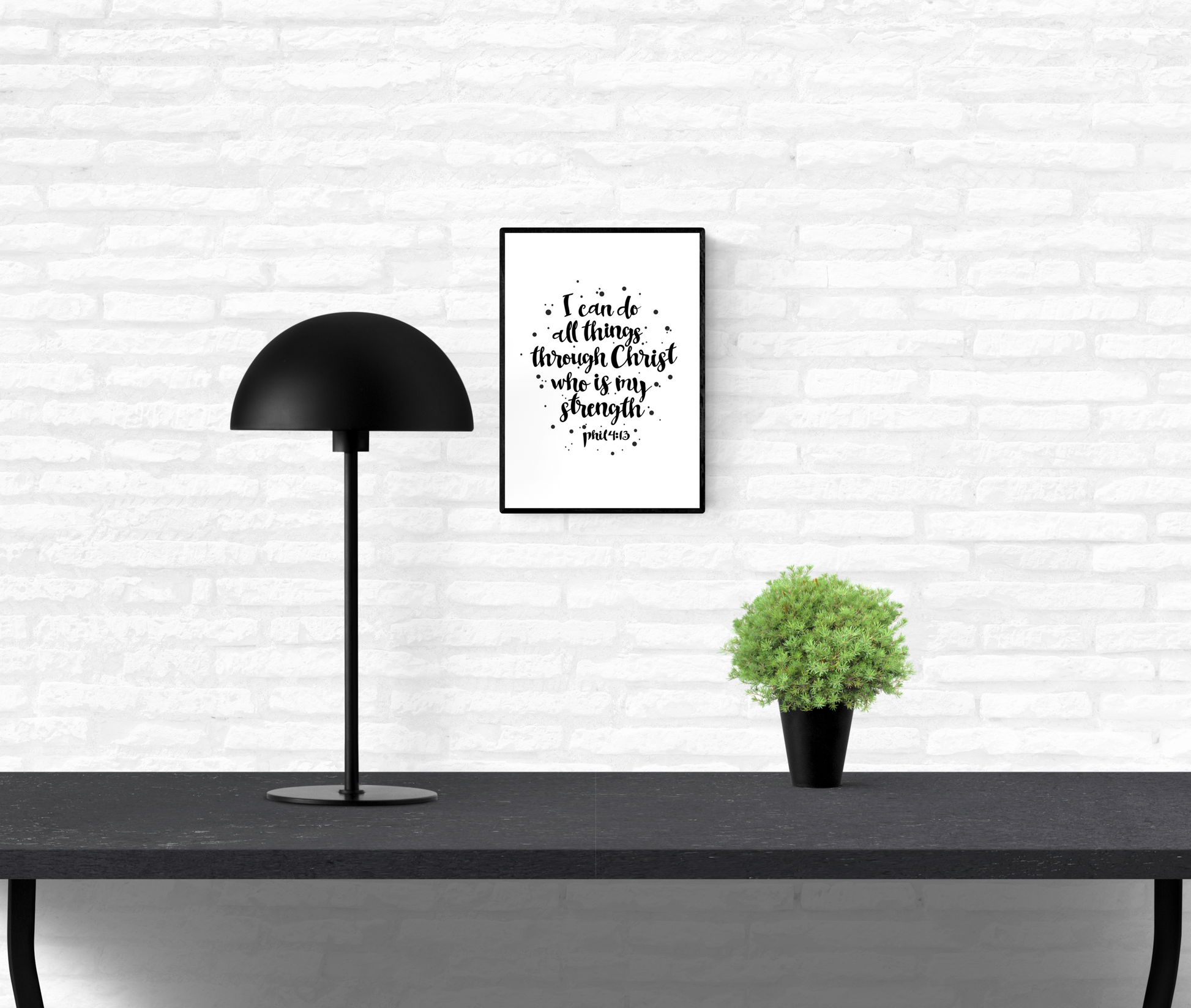 Quote wall print of Holy Bible scripture verse Philippians 4:13 mounted on an interior white brick wall