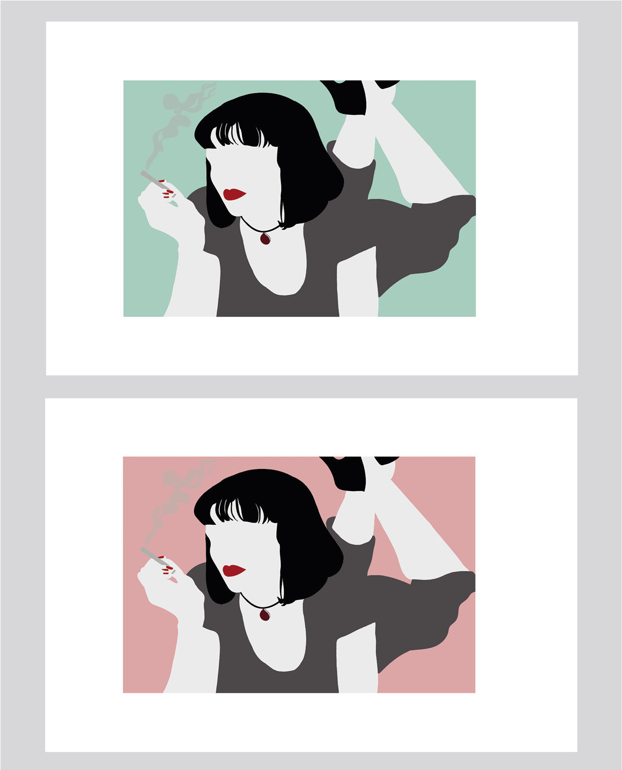 wall art illustration of Mia Wallace from Quentin Tarantino’s Pulp Fiction as different colour options